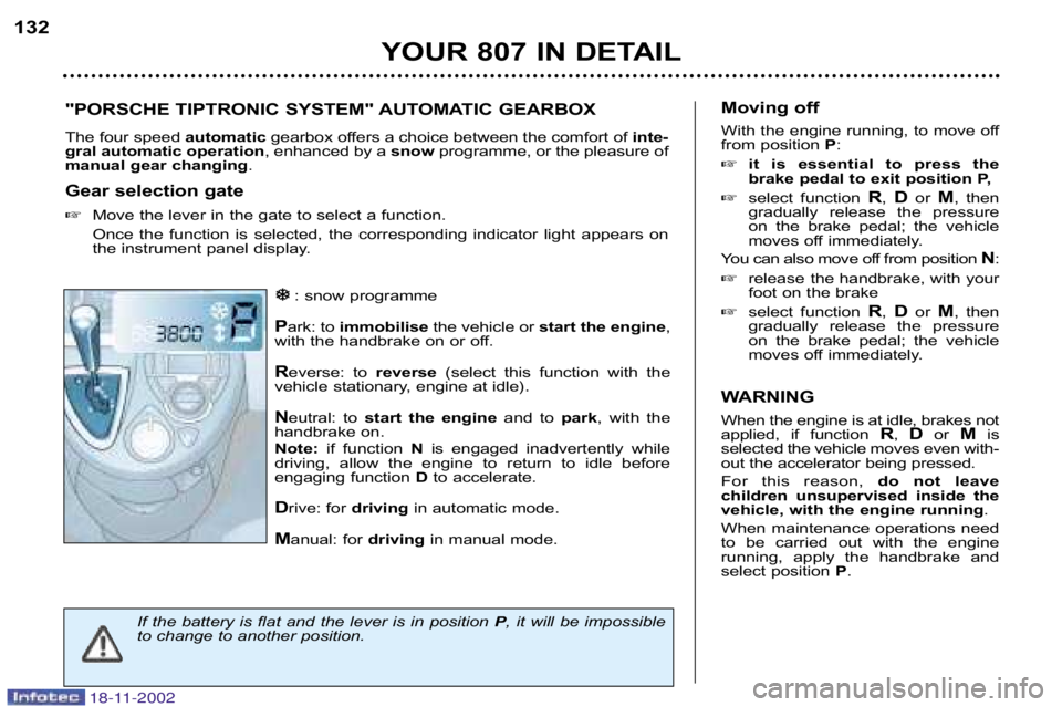 PEUGEOT 807 2002.5  Owners Manual YOUR 807 IN DETAIL
132
�
�
: snow programme
P ark: to  immobilise the vehicle or  start the engine ,
with the handbrake on or off. 
R everse:  to  reverse(select  this  function  with  the
vehicle sta