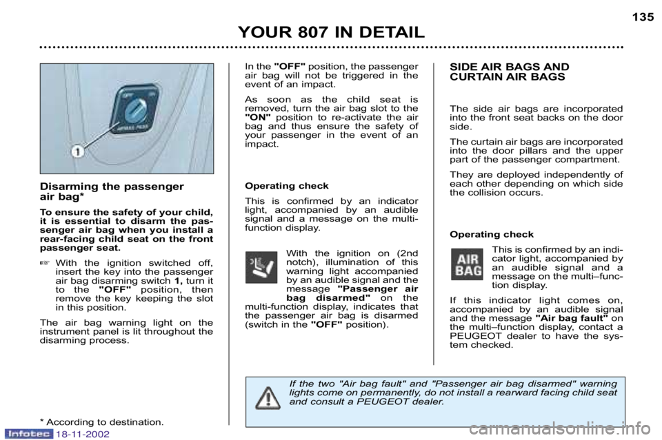 PEUGEOT 807 2002.5  Owners Manual YOUR 807 IN DETAIL135
Disarming the passenger  
air bag* 
To ensure the safety of your child, 
it  is  essential  to  disarm  the  pas�
senger  air  bag  when  you  install  a
rear�facing  child  seat