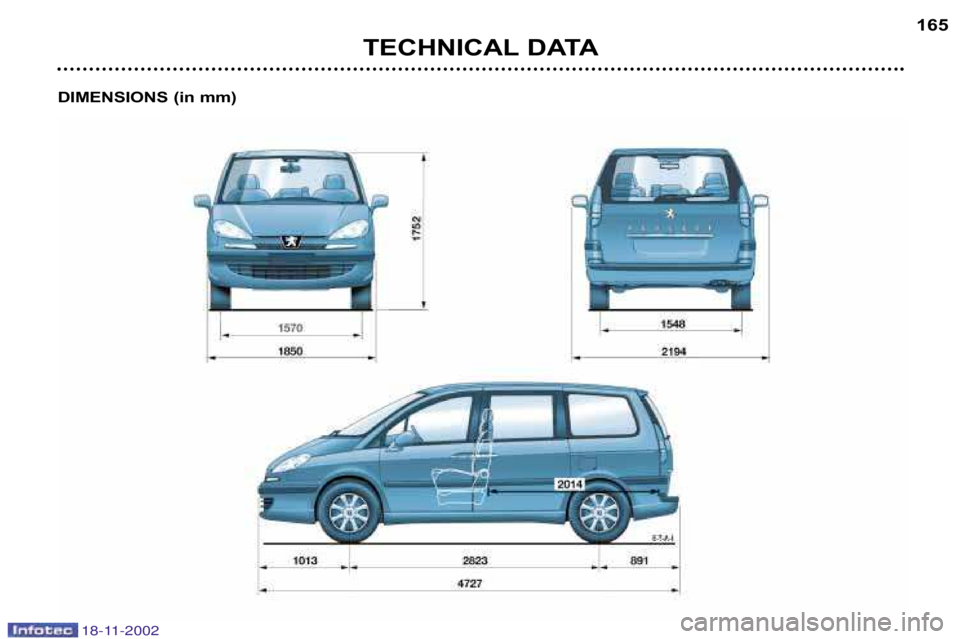 PEUGEOT 807 2002.5  Owners Manual TECHNICAL DATA165
DIMENSIONS (in mm) 
18-11-2002  