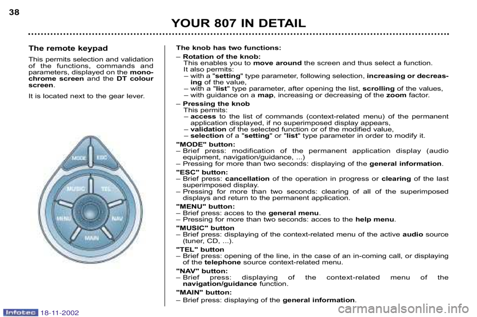 PEUGEOT 807 2002.5 Owners Guide YOUR 807 IN DETAIL
38
The remote keypad 
This permits selection and validation 
of  the  functions,  commands  and
parameters, displayed on the  mono�
chrome  screen  and  the DT  colour
screen .
It i