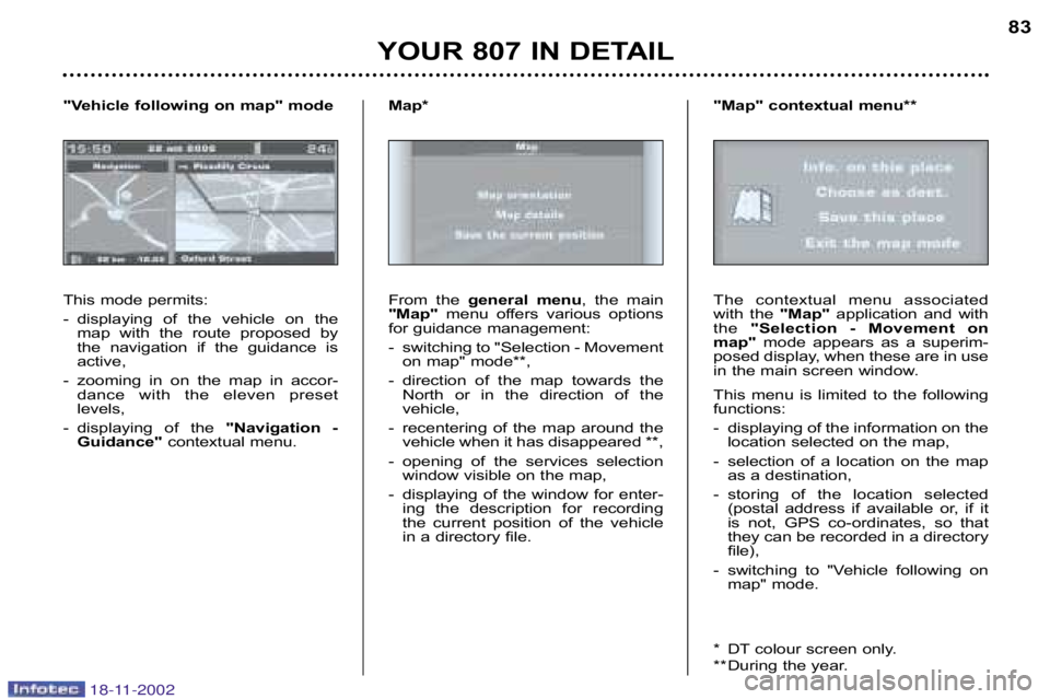 PEUGEOT 807 2002.5 Manual Online YOUR 807 IN DETAIL83
This mode permits: 
� displaying  of  the  vehicle  on  the map  with  the  route  proposed  by 
the  navigation  if  the  guidance  is
active,
� zooming  in  on  the  map  in  ac