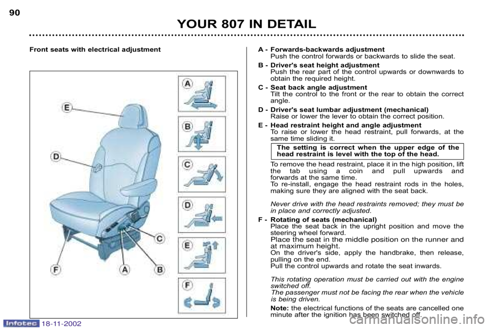 PEUGEOT 807 2002.5  Owners Manual YOUR 807 IN DETAIL
90
Front seats with electrical adjustment A � Forwards�backward
s adjustment
Push the control forwards or backwards to slide the seat.
B � Drivers seat height adjustment Push  the 