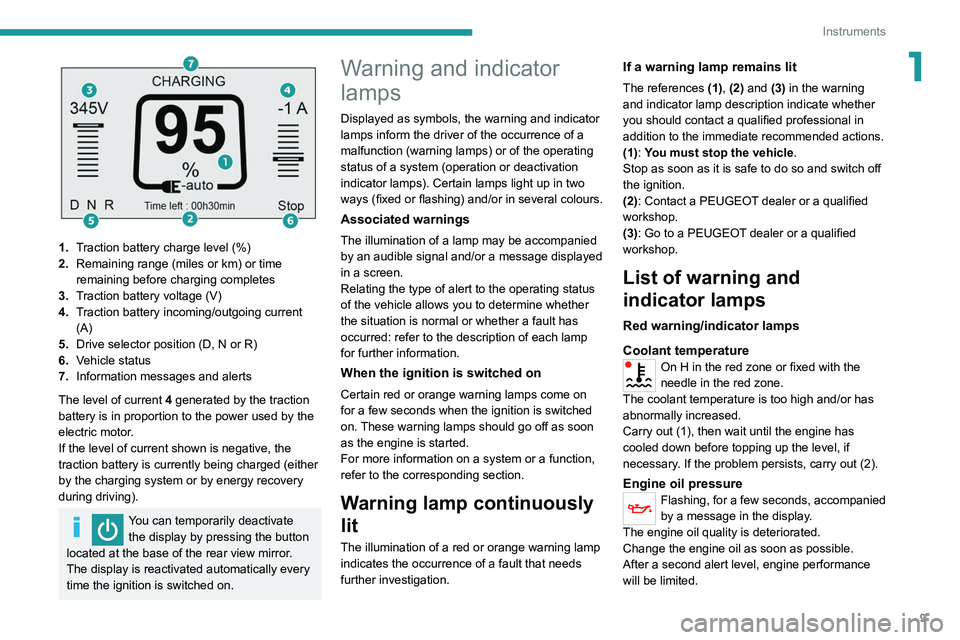 PEUGEOT BOXER 2021  Owners Manual 9
Instruments
1
 
1.Traction battery charge level (%)
2. Remaining range (miles or km) or time 
remaining before charging completes
3. Traction battery voltage (V)
4. Traction battery incoming/outgoin