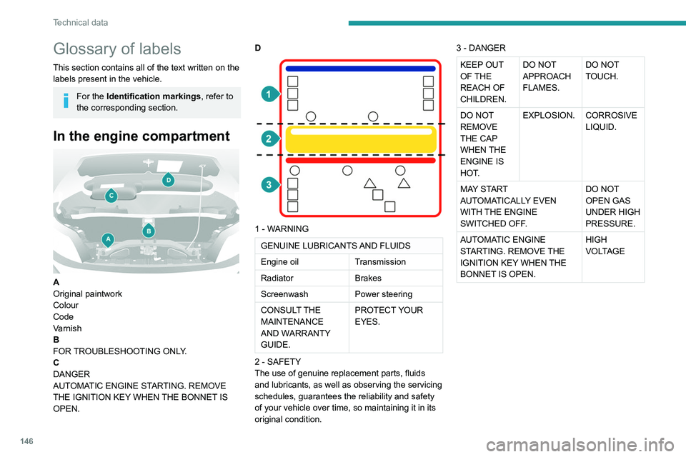 PEUGEOT BOXER 2021  Owners Manual 146
Technical data
Glossary of labels
This section contains all of the text written on the 
labels present in the vehicle.
For the Identification markings, refer to 
the corresponding section.
In the 