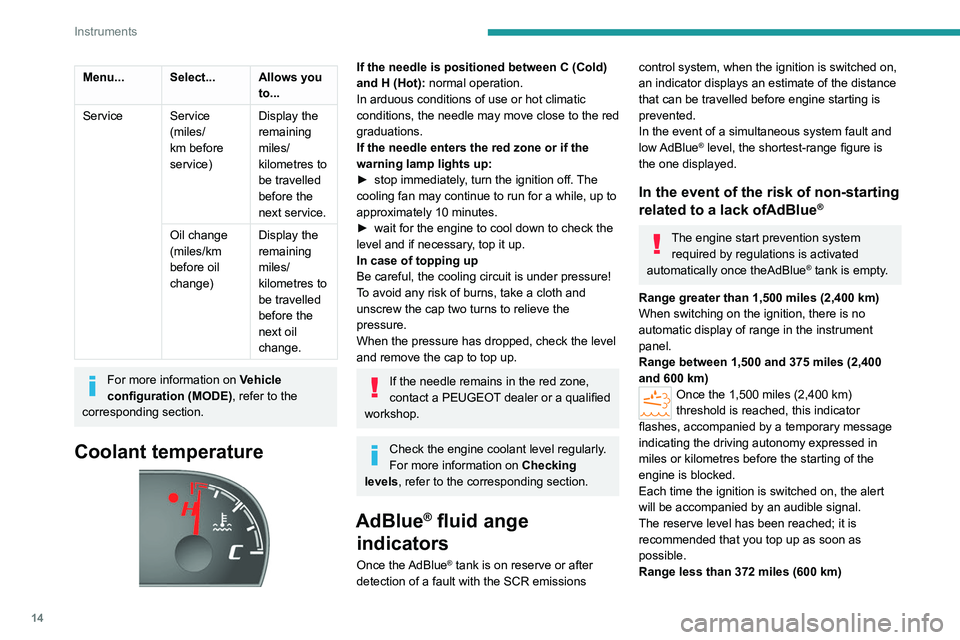 PEUGEOT BOXER 2021 User Guide 14
Instruments
Menu... Select... Allows you to...
Service Service (miles/
km before
service) Display the
remaining
miles/
kilometres to
be travelled
before the
next service.
Oil change
(miles/ PEUGEOT BOXER 2021 User Guide 14
Instruments
Menu... Select... Allows you to...
Service Service (miles/
km before
service) Display the
remaining
miles/
kilometres to
be travelled
before the
next service.
Oil change
(miles/