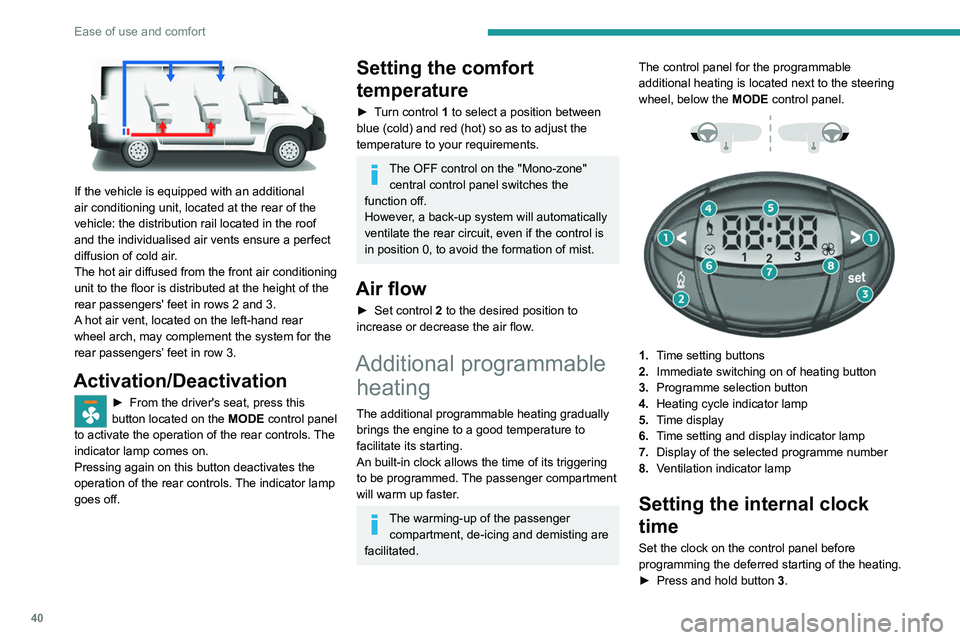 PEUGEOT BOXER 2021 Service Manual 40
Ease of use and comfort
If the vehicle is equipped with an additional
air conditioning unit, located at the rear of the
vehicle: the distribution rail located in the roof
and the individualise PEUGEOT BOXER 2021 Service Manual 40
Ease of use and comfort
If the vehicle is equipped with an additional
air conditioning unit, located at the rear of the
vehicle: the distribution rail located in the roof
and the individualise