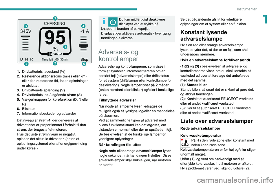 PEUGEOT BOXER 2021  Brugsanvisning (in Danish) 9
Instrumenter
1
 
1.Drivbatteriets ladestand (%)
2. Resterende aktionsradius (miles eller km) 
eller den resterende tid, inden opladningen 
er afsluttet
3. Drivbatteriets spænding (V)
4. Drivbatteri