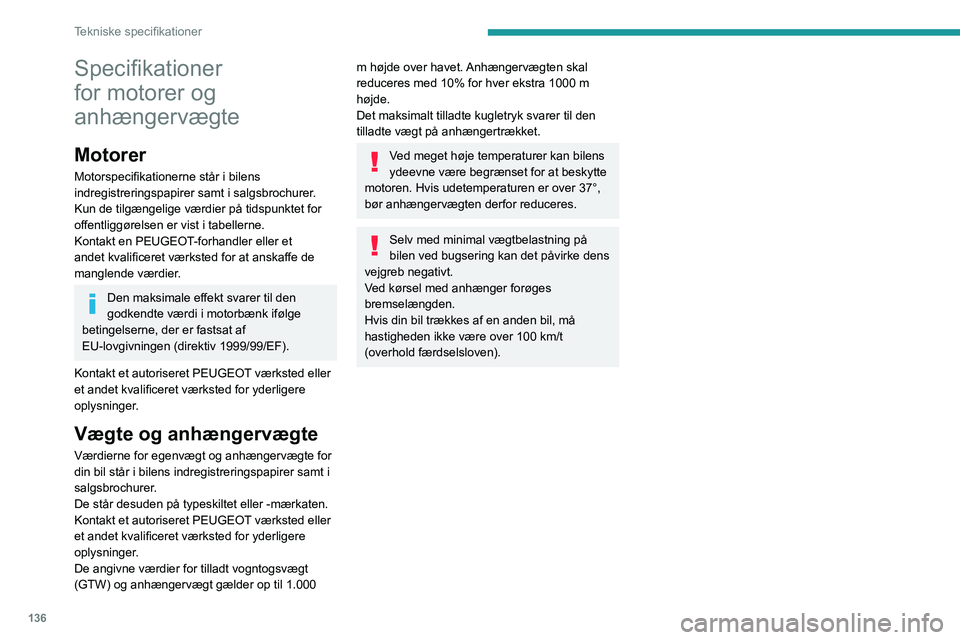 PEUGEOT BOXER 2021 Brugsanvisning (in Danish) 136
Tekniske specifikationer
Specifikationer
for motorer og
anhængervægte
Motorer
Motorspecifikationerne står i bilens
indregistreringspapirer samt i salgsbrochurer.
Kun de tilgængelige værdie PEUGEOT BOXER 2021 Brugsanvisning (in Danish) 136
Tekniske specifikationer
Specifikationer
for motorer og
anhængervægte
Motorer
Motorspecifikationerne står i bilens
indregistreringspapirer samt i salgsbrochurer.
Kun de tilgængelige værdie