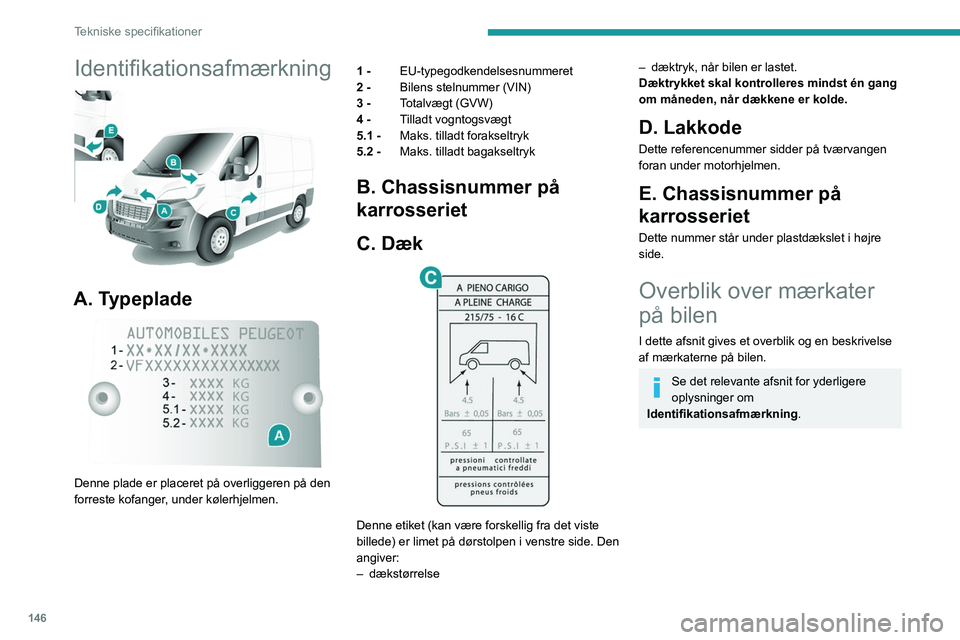 PEUGEOT BOXER 2021  Brugsanvisning (in Danish) 146
Tekniske specifikationer
Identifikationsafmærkning 
 
A. Typeplade 
 
Denne plade er placeret på overliggeren på den 
forreste kofanger, under kølerhjelmen.1 - 
EU-typegodkendelsesnummeret
2 -