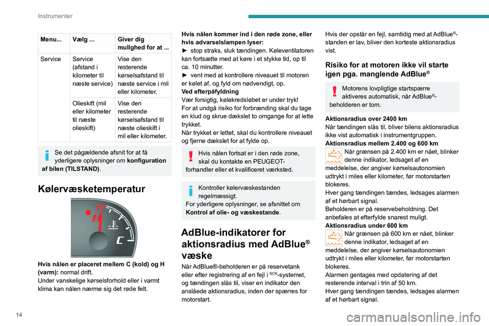 PEUGEOT BOXER 2021 Brugsanvisning (in Danish) 14
Instrumenter
Menu... Vælg ... Giver dig mulighed for at ...
Service Service (afstand i
kilometer til
næste service) Vise den
resterende
kørselsafstand til
næste service i mil
eller kilom PEUGEOT BOXER 2021 Brugsanvisning (in Danish) 14
Instrumenter
Menu... Vælg ... Giver dig mulighed for at ...
Service Service (afstand i
kilometer til
næste service) Vise den
resterende
kørselsafstand til
næste service i mil
eller kilom