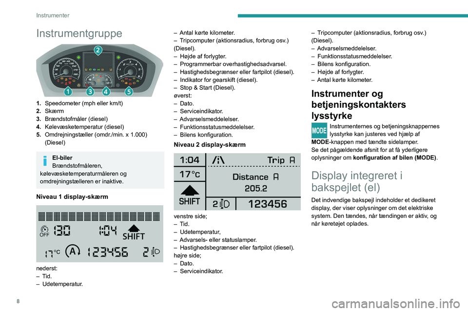 PEUGEOT BOXER 2021 Brugsanvisning (in Danish) 8
Instrumenter
Instrumentgruppe
1.Speedometer (mph eller km/t)
2. Skærm
3. Brændstofmåler (diesel)
4. Kølevæsketemperatur (diesel)
5. Omdrejningstæller (omdr./min. x 1.000)
(Diesel)
El-biler PEUGEOT BOXER 2021 Brugsanvisning (in Danish) 8
Instrumenter
Instrumentgruppe
1.Speedometer (mph eller km/t)
2. Skærm
3. Brændstofmåler (diesel)
4. Kølevæsketemperatur (diesel)
5. Omdrejningstæller (omdr./min. x 1.000)
(Diesel)
El-biler
