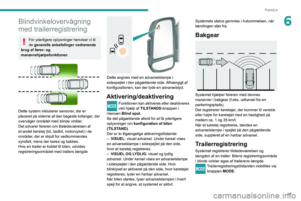 PEUGEOT BOXER 2021 Brugsanvisning (in Danish) 91
Kørelys
6Blindvinkelovervågning
med trailerregistrering
For yderligere oplysninger henviser vi til
de generelle anbefalinger vedrørende
brug af fører- og
manøvrehjælpefunktioner.
Dett PEUGEOT BOXER 2021 Brugsanvisning (in Danish) 91
Kørelys
6Blindvinkelovervågning
med trailerregistrering
For yderligere oplysninger henviser vi til
de generelle anbefalinger vedrørende
brug af fører- og
manøvrehjælpefunktioner.
Dett