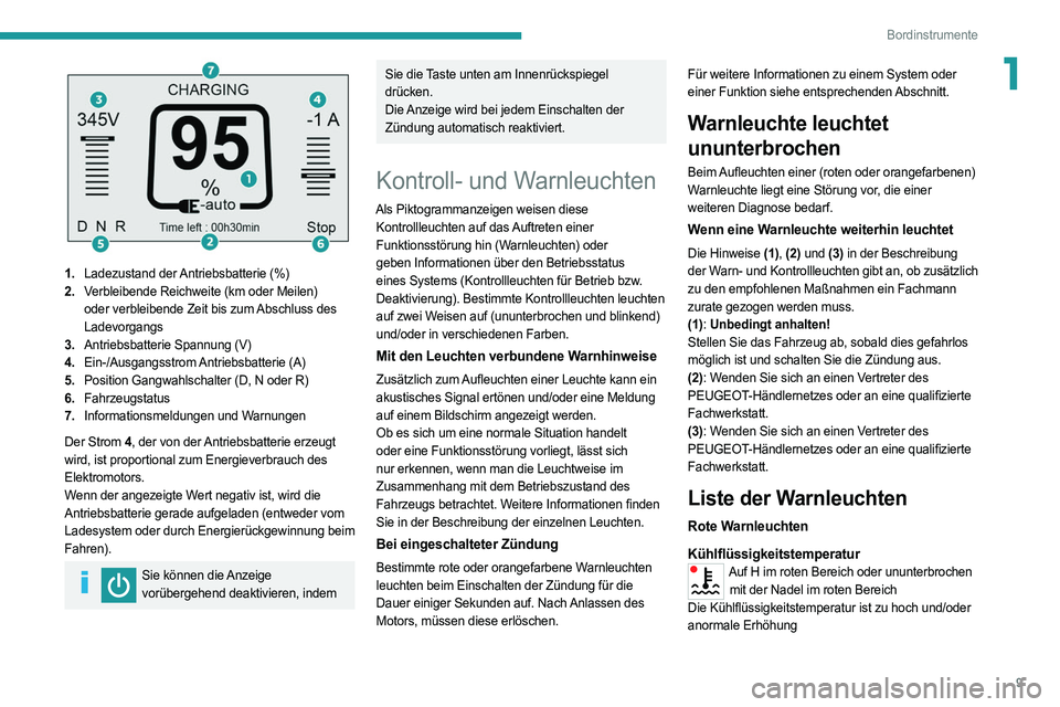 PEUGEOT BOXER 2021 Betriebsanleitungen (in German) 9
Bordinstrumente
1
1.Ladezustand der Antriebsbatterie (%)
2. Verbleibende Reichweite (km oder Meilen)
oder verbleibende Zeit bis zum Abschluss des
Ladevorgangs
3. Antriebsbatterie Spannung (V)
4. PEUGEOT BOXER 2021 Betriebsanleitungen (in German) 9
Bordinstrumente
1
1.Ladezustand der Antriebsbatterie (%)
2. Verbleibende Reichweite (km oder Meilen)
oder verbleibende Zeit bis zum Abschluss des
Ladevorgangs
3. Antriebsbatterie Spannung (V)
4.