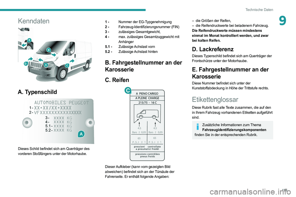 PEUGEOT BOXER 2021 Betriebsanleitungen (in German) 155
Technische Daten
9Kenndaten
A. Typenschild
Dieses Schild befindet sich am Querträger des
vorderen Stoßfängers unter der Motorhaube.1 -
Nummer der EG-Typgenehmigung
2 - Fahrzeug-Identif PEUGEOT BOXER 2021 Betriebsanleitungen (in German) 155
Technische Daten
9Kenndaten
A. Typenschild
Dieses Schild befindet sich am Querträger des
vorderen Stoßfängers unter der Motorhaube.1 -
Nummer der EG-Typgenehmigung
2 - Fahrzeug-Identif
