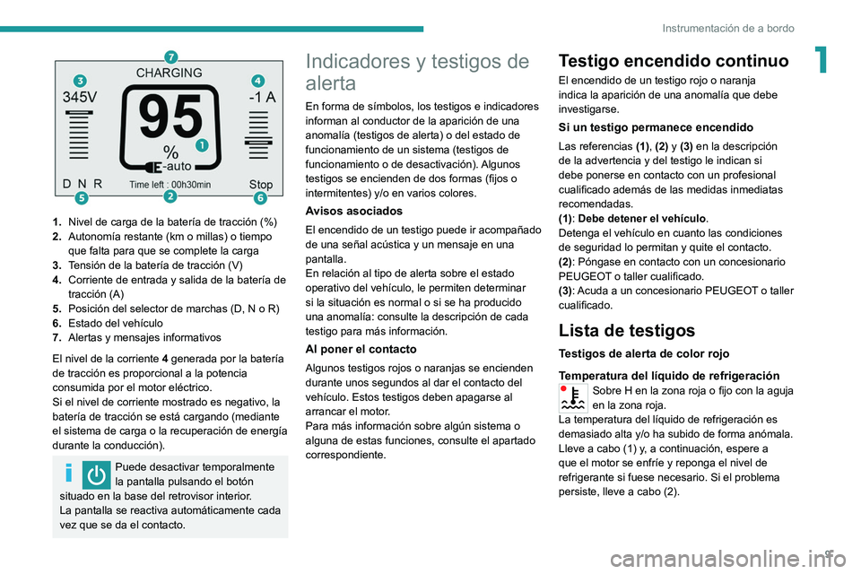 PEUGEOT BOXER 2021 Manual del propietario (in Spanish) 9
Instrumentación de a bordo
1
1.Nivel de carga de la batería de tracción (%)
2. Autonomía restante (km o millas) o tiempo
que falta para que se complete la carga
3. Tensión de la batería de PEUGEOT BOXER 2021 Manual del propietario (in Spanish) 9
Instrumentación de a bordo
1
1.Nivel de carga de la batería de tracción (%)
2. Autonomía restante (km o millas) o tiempo
que falta para que se complete la carga
3. Tensión de la batería de