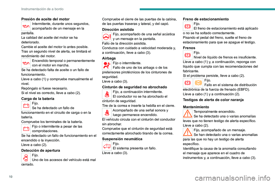 PEUGEOT BOXER 2021 Manual del propietario (in Spanish) 10
Instrumentación de a bordo
Presión de aceite del motorIntermitente, durante unos segundos,
acompañado de un mensaje en la
pantalla.
La calidad del aceite del motor se ha
deteriorado.
Cambie e PEUGEOT BOXER 2021 Manual del propietario (in Spanish) 10
Instrumentación de a bordo
Presión de aceite del motorIntermitente, durante unos segundos,
acompañado de un mensaje en la
pantalla.
La calidad del aceite del motor se ha
deteriorado.
Cambie e