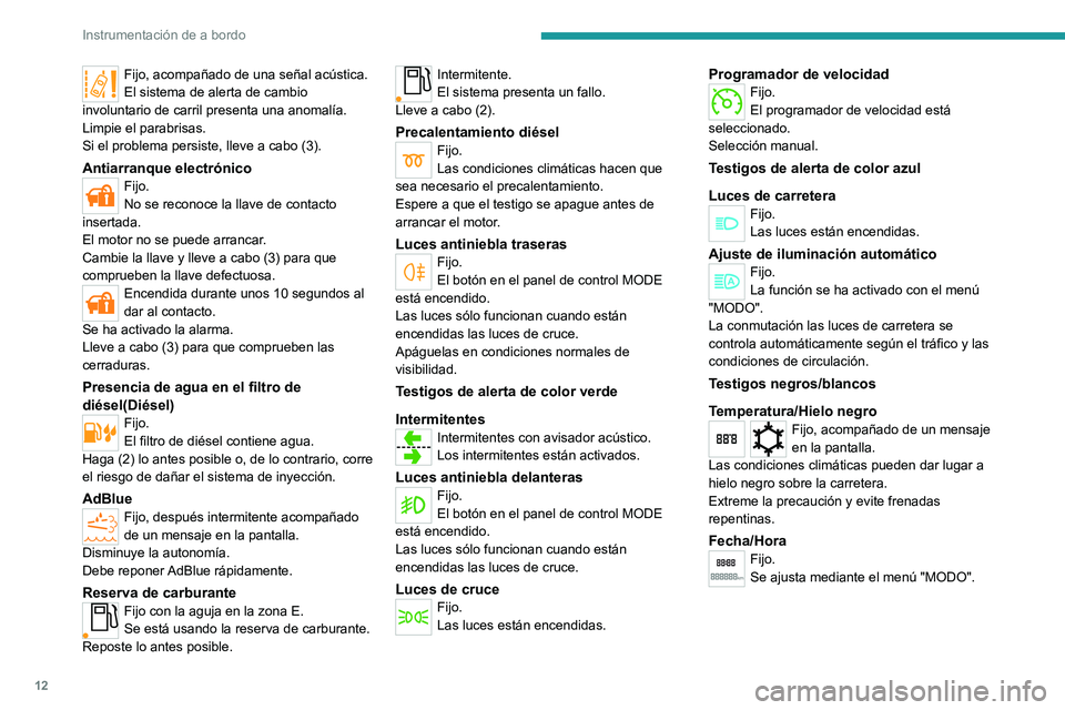 PEUGEOT BOXER 2021 Manual del propietario (in Spanish) 12
Instrumentación de a bordo
Fijo, acompañado de una señal acústica.
El sistema de alerta de cambio
involuntario de carril presenta una anomalía.
Limpie el parabrisas.
Si el problema persiste, PEUGEOT BOXER 2021 Manual del propietario (in Spanish) 12
Instrumentación de a bordo
Fijo, acompañado de una señal acústica.
El sistema de alerta de cambio
involuntario de carril presenta una anomalía.
Limpie el parabrisas.
Si el problema persiste,