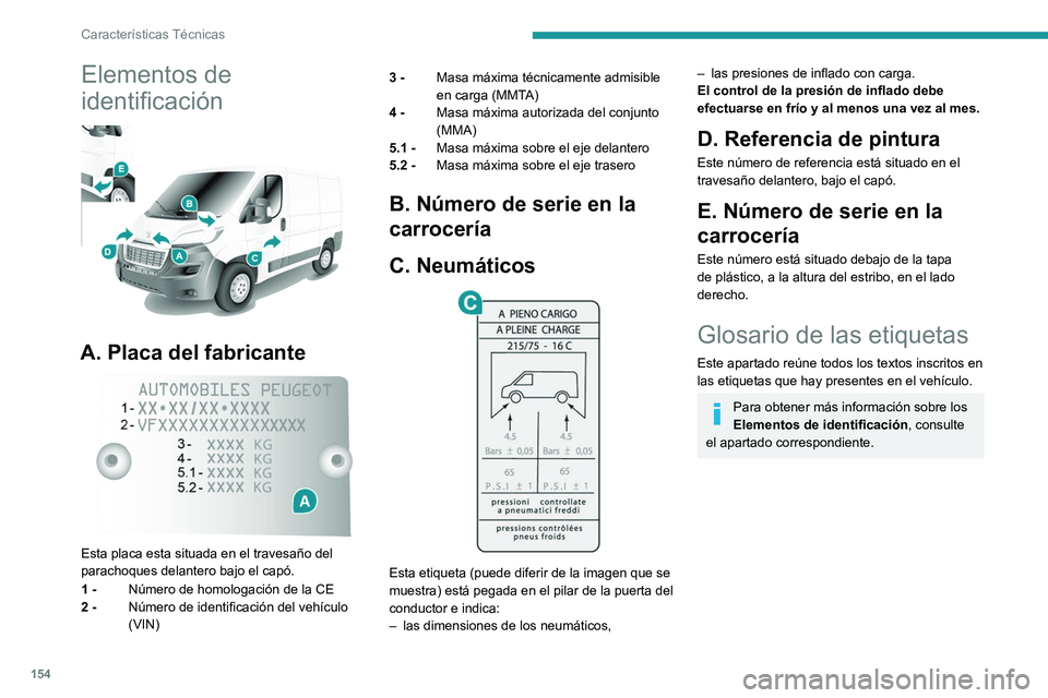 PEUGEOT BOXER 2021 Manual del propietario (in Spanish) 154
Características Técnicas
Elementos de
identificación
A. Placa del fabricante
Esta placa esta situada en el travesaño del
parachoques delantero bajo el capó.
1 - Número de homologaci PEUGEOT BOXER 2021 Manual del propietario (in Spanish) 154
Características Técnicas
Elementos de
identificación
A. Placa del fabricante
Esta placa esta situada en el travesaño del
parachoques delantero bajo el capó.
1 - Número de homologaci