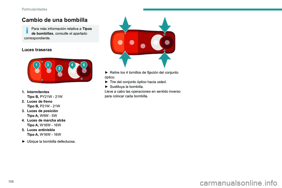 PEUGEOT BOXER 2021  Manual del propietario (in Spanish) 158
Particularidades
Cambio de una bombilla
Para más información relativa a Tipos 
de bombillas , consulte el apartado 
correspondiente.
Luces traseras 
 
1. Intermitentes Tipo B,  PY21W - 21W
2. Lu
