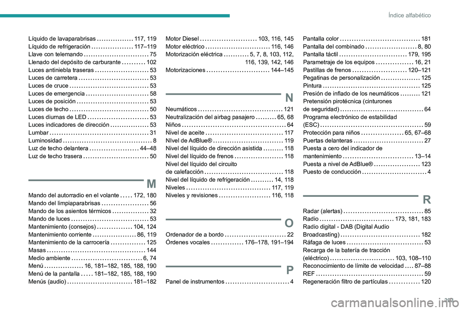 PEUGEOT BOXER 2021  Manual del propietario (in Spanish) 203
Índice alfabético
Líquido de lavaparabrisas     117, 119
Líquido de refrigeración     
117–119
Llave con telemando
    
75
Llenado del depósito de carburante
    
102
Luces antiniebla tras