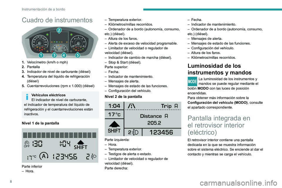 PEUGEOT BOXER 2021 Manual del propietario (in Spanish) 8
Instrumentación de a bordo
Cuadro de instrumentos
1.Velocímetro (km/h o mph)
2. Pantalla
3. Indicador de nivel de carburante (diésel)
4. Temperatura del líquido de refrigeración
(diésel)
5 PEUGEOT BOXER 2021 Manual del propietario (in Spanish) 8
Instrumentación de a bordo
Cuadro de instrumentos
1.Velocímetro (km/h o mph)
2. Pantalla
3. Indicador de nivel de carburante (diésel)
4. Temperatura del líquido de refrigeración
(diésel)
5