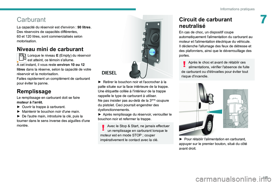 PEUGEOT BOXER 2021 Manuel du propriétaire (in French)
101
Informations pratiques
7
Carburant
La capacité du réservoir est d'environ : 90 litres.
Des réservoirs de capacités différentes,
60 et 120 litres, sont commercialisés selon
moto PEUGEOT BOXER 2021 Manuel du propriétaire (in French)
101
Informations pratiques
7
Carburant
La capacité du réservoir est d'environ : 90 litres.
Des réservoirs de capacités différentes,
60 et 120 litres, sont commercialisés selon
moto
