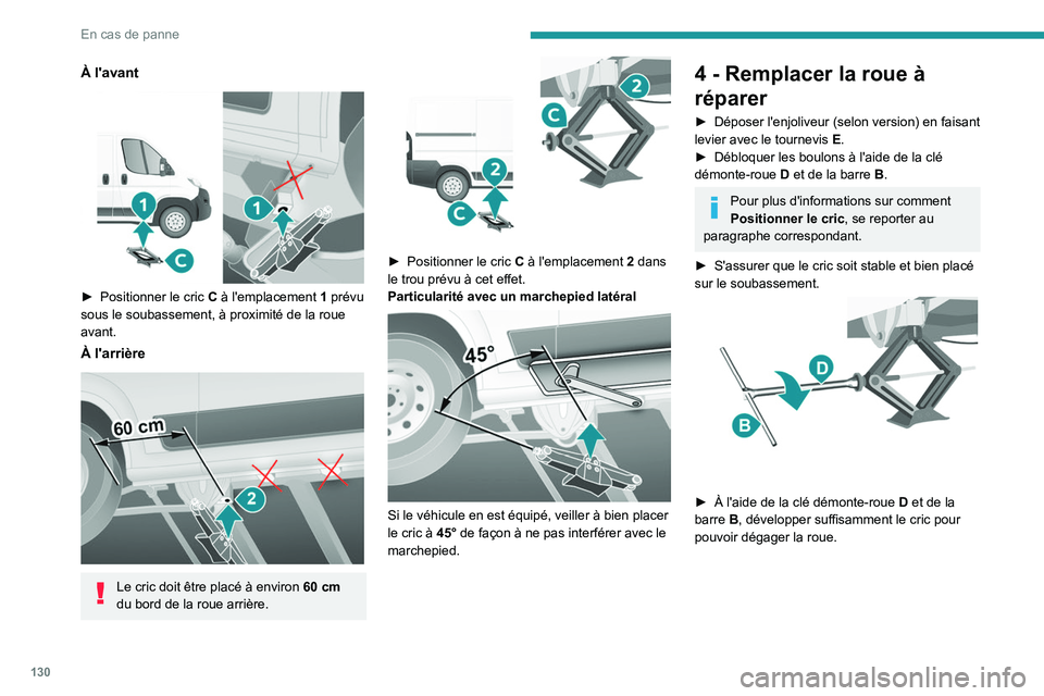 PEUGEOT BOXER 2021 Manuel du propriétaire (in French) 130
En cas de panne
À l'avant
► Positionner le cric C à l'emplacement 1 prévu
sous le soubassement, à proximité de la roue
avant.
À l'arrière
Le cric doit être placé à PEUGEOT BOXER 2021 Manuel du propriétaire (in French) 130
En cas de panne
À l'avant
► Positionner le cric C à l'emplacement 1 prévu
sous le soubassement, à proximité de la roue
avant.
À l'arrière
Le cric doit être placé Ã