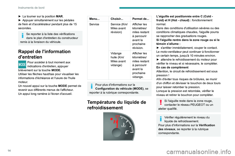 PEUGEOT BOXER 2021  Manuel du propriétaire (in French) 14
Instruments de bord
► La tourner sur la position MAR .
►  Appuyer simultanément sur les pédales 
de frein et d'accélérateur pendant plus de 15 
secondes.
Se reporter à la liste des vé