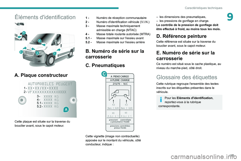PEUGEOT BOXER 2021 Manuel du propriétaire (in French) 153
Caractéristiques techniques
9Éléments d'identification
A. Plaque constructeur
Cette plaque est située sur la traverse du
bouclier avant, sous le capot moteur.1 -
Numéro de récept PEUGEOT BOXER 2021 Manuel du propriétaire (in French) 153
Caractéristiques techniques
9Éléments d'identification
A. Plaque constructeur
Cette plaque est située sur la traverse du
bouclier avant, sous le capot moteur.1 -
Numéro de récept