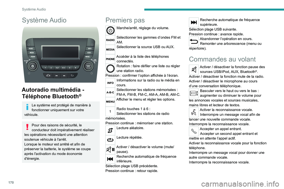 PEUGEOT BOXER 2021  Manuel du propriétaire (in French) 170
Système Audio
Système Audio 
 
Autoradio multimédia - Téléphone Bluetooth
®
Le système est protégé de manière à 
fonctionner uniquement sur votre 
véhicule.
Pour des raisons de sécuri