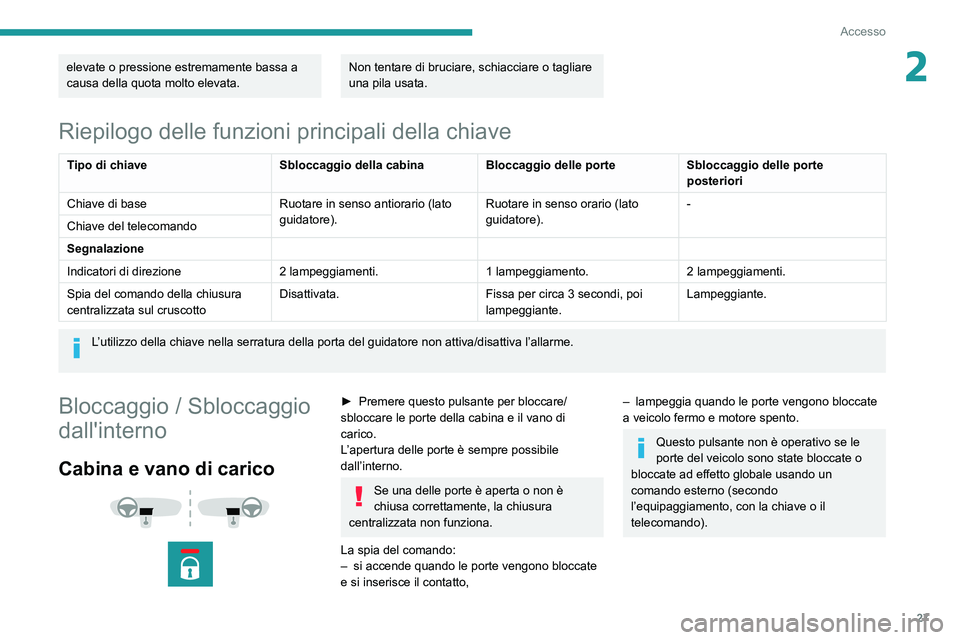 PEUGEOT BOXER 2021 Manuale duso (in Italian) 27
Accesso
2elevate o pressione estremamente bassa a
causa della quota molto elevata.Non tentare di bruciare, schiacciare o tagliare
una pila usata.
Riepilogo delle funzioni principali della chiave
PEUGEOT BOXER 2021 Manuale duso (in Italian) 27
Accesso
2elevate o pressione estremamente bassa a
causa della quota molto elevata.Non tentare di bruciare, schiacciare o tagliare
una pila usata.
Riepilogo delle funzioni principali della chiave