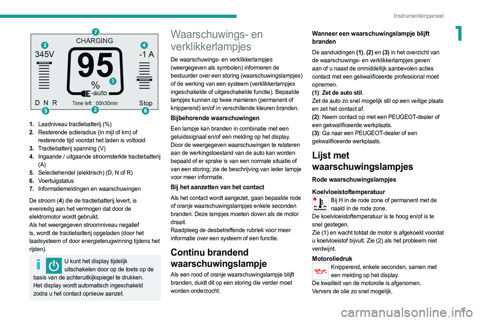 PEUGEOT BOXER 2021  Instructieboekje (in Dutch) 9
Instrumentenpaneel
1
 
1.Laadniveau tractiebatterij (%)
2. Resterende actieradius (in mijl of km) of 
resterende tijd voordat het laden is voltooid
3. Tractiebatterij spanning (V)
4. Ingaande / uitg