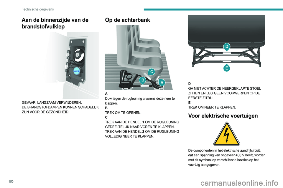 PEUGEOT BOXER 2021  Instructieboekje (in Dutch) 150
Technische gegevens
Aan de binnenzijde van de brandstofvulklep
 
 
GEVAAR, LANGZAAM VERWIJDEREN.
DE BRANDSTOFDAMPEN KUNNEN SCHADELIJK 
ZIJN VOOR DE GEZONDHEID.
Op de achterbank 
 
A
Duw tegen de r