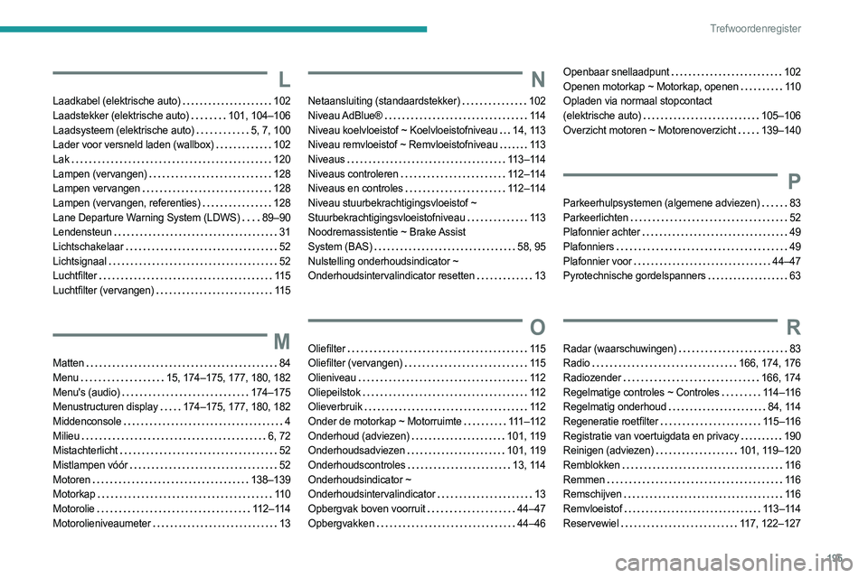 PEUGEOT BOXER 2021  Instructieboekje (in Dutch) 195
Trefwoordenregister
L
Laadkabel (elektrische auto)    102
Laadstekker (elektrische auto)    
101, 104–106
Laadsysteem (elektrische auto)
   
5, 7, 100
Lader voor versneld laden (wallbox)
   
102