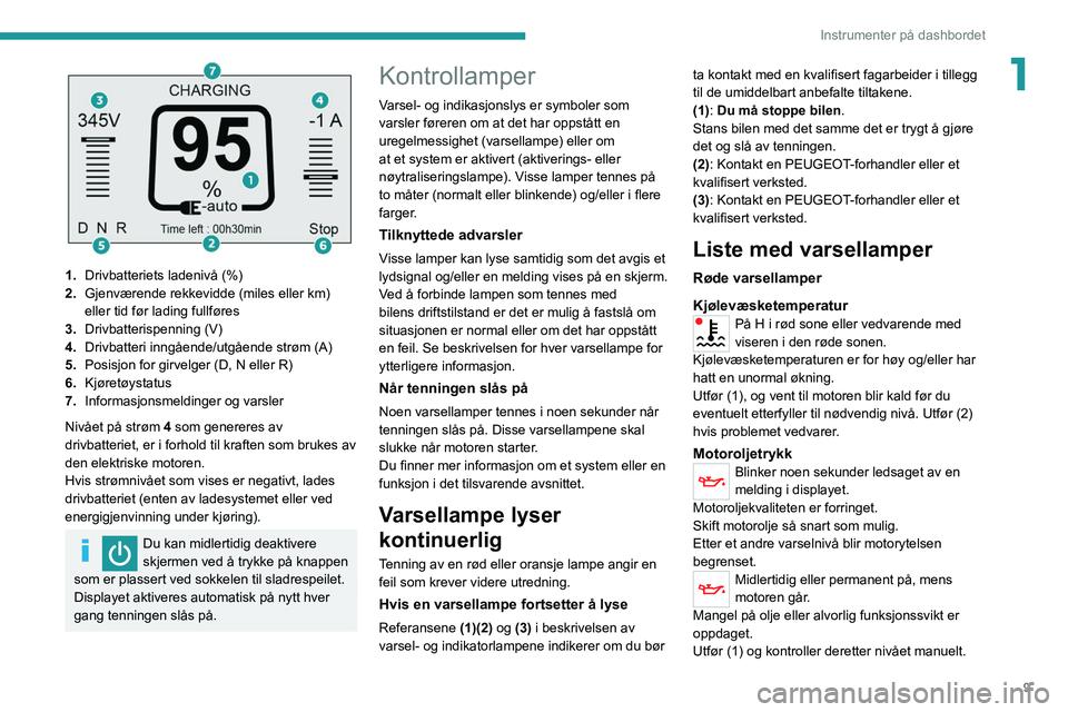 PEUGEOT BOXER 2021 Instruksjoner for bruk (in Norwegian) 9
Instrumenter på dashbordet
1
1.Drivbatteriets ladenivå (%)
2. Gjenværende rekkevidde (miles eller km)
eller tid før lading fullføres
3. Drivbatterispenning (V)
4. Drivbatteri inngående/utgà PEUGEOT BOXER 2021 Instruksjoner for bruk (in Norwegian) 9
Instrumenter på dashbordet
1
1.Drivbatteriets ladenivå (%)
2. Gjenværende rekkevidde (miles eller km)
eller tid før lading fullføres
3. Drivbatterispenning (V)
4. Drivbatteri inngÃ¥ende/utgÃ