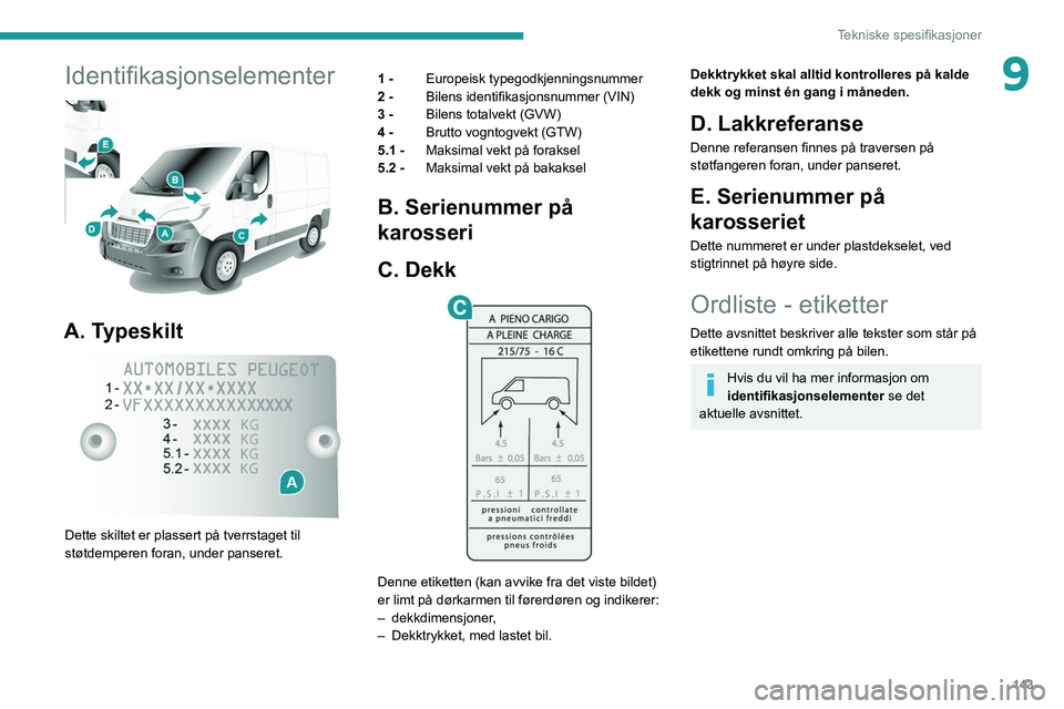 PEUGEOT BOXER 2021 Instruksjoner for bruk (in Norwegian) 143
Tekniske spesifikasjoner
9Identifikasjonselementer
A. Typeskilt
Dette skiltet er plassert på tverrstaget til
støtdemperen foran, under panseret.1 -
Europeisk typegodkjenningsnummer
2 - PEUGEOT BOXER 2021 Instruksjoner for bruk (in Norwegian) 143
Tekniske spesifikasjoner
9Identifikasjonselementer
A. Typeskilt
Dette skiltet er plassert på tverrstaget til
støtdemperen foran, under panseret.1 -
Europeisk typegodkjenningsnummer
2 -