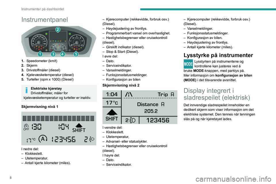 PEUGEOT BOXER 2021 Instruksjoner for bruk (in Norwegian) 8
Instrumenter på dashbordet
Instrumentpanel
1.Speedometer (km/t)
2. Skjerm
3. Drivstoffmåler (diesel)
4. Kjølevæsketemperatur (diesel)
5. Turteller (opm x 1000) (Diesel)
Elektriske kjøretøy
PEUGEOT BOXER 2021 Instruksjoner for bruk (in Norwegian) 8
Instrumenter på dashbordet
Instrumentpanel
1.Speedometer (km/t)
2. Skjerm
3. Drivstoffmåler (diesel)
4. Kjølevæsketemperatur (diesel)
5. Turteller (opm x 1000) (Diesel)
Elektriske kjøretøy