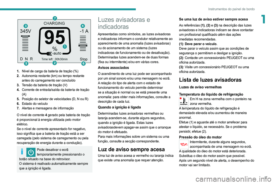 PEUGEOT BOXER 2021 Manual de utilização (in Portuguese) 9
Instrumentos do painel de bordo
1
1.Nível de carga da bateria de tração (%)
2. Autonomia restante (km) ou tempo restante
antes do carregamento ser concluído
3. Tensão da bateria de tração PEUGEOT BOXER 2021 Manual de utilização (in Portuguese) 9
Instrumentos do painel de bordo
1
1.Nível de carga da bateria de tração (%)
2. Autonomia restante (km) ou tempo restante
antes do carregamento ser concluído
3. Tensão da bateria de tração