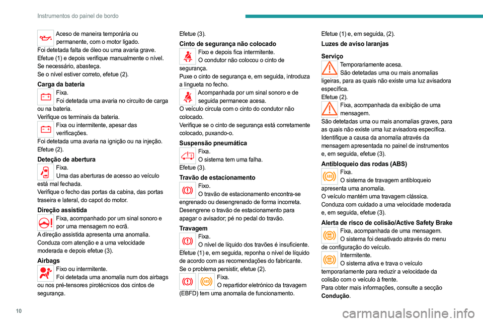 PEUGEOT BOXER 2021 Manual de utilização (in Portuguese) 10
Instrumentos do painel de bordo
Aceso de maneira temporária ou permanente, com o motor ligado.
Foi detetada falta de óleo ou uma avaria grave.
Efetue (1) e depois verifique manualmente o nível.
PEUGEOT BOXER 2021 Manual de utilização (in Portuguese) 10
Instrumentos do painel de bordo
Aceso de maneira temporária ou permanente, com o motor ligado.
Foi detetada falta de óleo ou uma avaria grave.
Efetue (1) e depois verifique manualmente o nível.