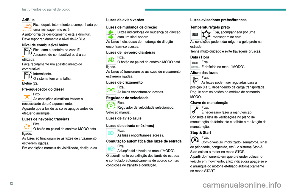 PEUGEOT BOXER 2021 Manual de utilização (in Portuguese) 12
Instrumentos do painel de bordo
AdBlueFixa, depois intermitente, acompanhada por uma mensagem no ecrã.
A autonomia de deslocamento está a diminuir.
Deve repor rapidamente o nível de AdBlue.
Nív PEUGEOT BOXER 2021 Manual de utilização (in Portuguese) 12
Instrumentos do painel de bordo
AdBlueFixa, depois intermitente, acompanhada por uma mensagem no ecrã.
A autonomia de deslocamento está a diminuir.
Deve repor rapidamente o nível de AdBlue.
Nív