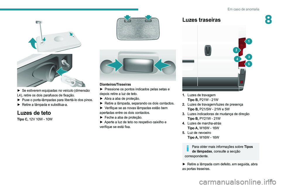 PEUGEOT BOXER 2021 Manual de utilização (in Portuguese) 131
Em caso de anomalia
8
â–º Se estiverem equipadas no veÃculo (dimensão
L4), retire os dois parafusos de fixação.
â–º
Puxe o porta-lâmpadas para libertá-lo dos pinos.
â–º
Retire a lâ PEUGEOT BOXER 2021 Manual de utilização (in Portuguese) 131
Em caso de anomalia
8
â–º Se estiverem equipadas no veÃculo (dimensão
L4), retire os dois parafusos de fixação.
â–º
Puxe o porta-lâmpadas para libertá-lo dos pinos.
â–º
Retire a lâ