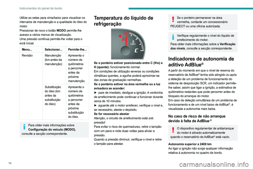 PEUGEOT BOXER 2021 Manual de utilização (in Portuguese) 14
Instrumentos do painel de bordo
Utilize as setas para cima/baixo para visualizar os
intervalos de manutenção e a qualidade do óleo do
motor.
Pressionar de novo o botão MODO permite-lhe
acess PEUGEOT BOXER 2021 Manual de utilização (in Portuguese) 14
Instrumentos do painel de bordo
Utilize as setas para cima/baixo para visualizar os
intervalos de manutenção e a qualidade do óleo do
motor.
Pressionar de novo o botão MODO permite-lhe
acess
