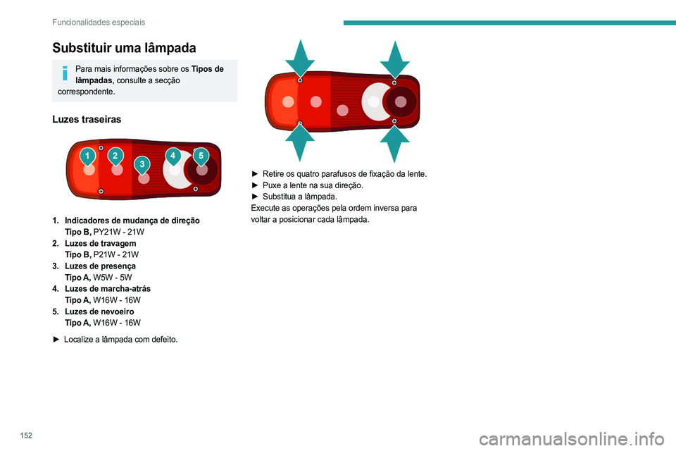 PEUGEOT BOXER 2021  Manual de utilização (in Portuguese) 152
Funcionalidades especiais
Substituir uma lâmpada
Para mais informações sobre os Tipos de lâmpadas, consulte a secção 
correspondente.
Luzes traseiras 
 
1. Indicadores de mudança de direç