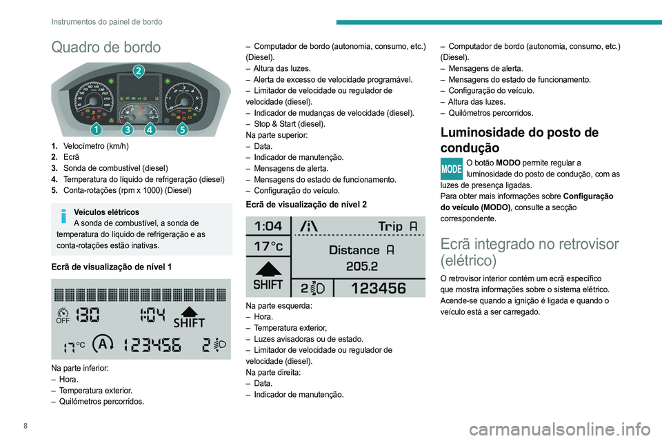 PEUGEOT BOXER 2021 Manual de utilização (in Portuguese) 8
Instrumentos do painel de bordo
Quadro de bordo
1.Velocímetro (km/h)
2. Ecrã
3. Sonda de combustível (diesel)
4. Temperatura do líquido de refrigeração (diesel)
5. Conta-rotações (rpm x 1 PEUGEOT BOXER 2021 Manual de utilização (in Portuguese) 8
Instrumentos do painel de bordo
Quadro de bordo
1.Velocímetro (km/h)
2. Ecrã
3. Sonda de combustível (diesel)
4. Temperatura do líquido de refrigeração (diesel)
5. Conta-rotações (rpm x 1