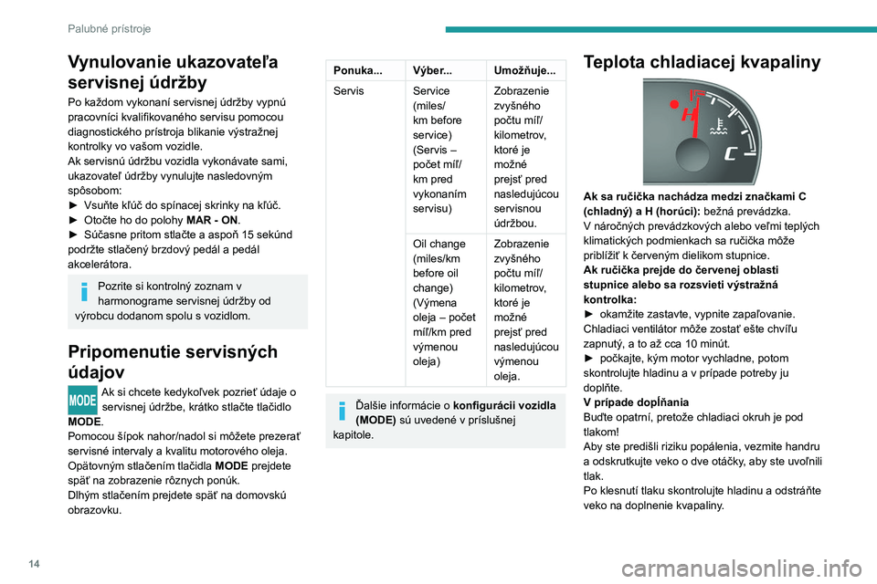 PEUGEOT BOXER 2021  Návod na použitie (in Slovakian) 14
Palubné prístroje
Vynulovanie ukazovateľa 
servisnej údržby
Po každom vykonaní servisnej údržby vypnú 
pracovníci kvalifikovaného servisu pomocou 
diagnostického prístroja blikanie v�