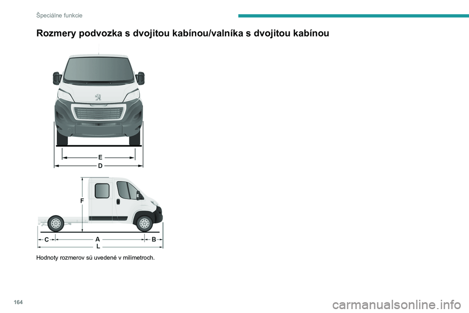 PEUGEOT BOXER 2021  Návod na použitie (in Slovakian) 164
Špeciálne funkcie
Rozmery podvozka s dvojitou kabínou/valníka s dvojitou kabínou 
 
 
 
Hodnoty rozmerov sú uvedené v milimetroch.   