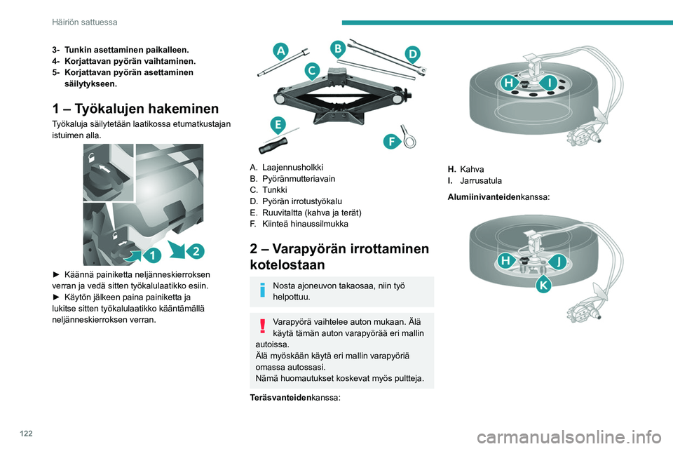 PEUGEOT BOXER 2021 Omistajan Käsikirja (in Finnish) 122
Häiriön sattuessa
3- Tunkin asettaminen paikalleen.
4- Korjattavan pyörän vaihtaminen.
5- Korjattavan pyörän asettaminen säilytykseen.
1 – Työkalujen hakeminen
Työkaluja säilytetään PEUGEOT BOXER 2021 Omistajan Käsikirja (in Finnish) 122
Häiriön sattuessa
3- Tunkin asettaminen paikalleen.
4- Korjattavan pyörän vaihtaminen.
5- Korjattavan pyörän asettaminen säilytykseen.
1 – Työkalujen hakeminen
Työkaluja säilytetään