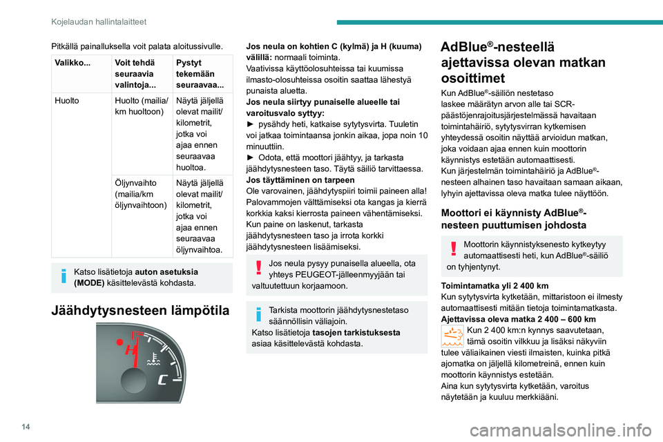 PEUGEOT BOXER 2021 Omistajan Käsikirja (in Finnish) 14
Kojelaudan hallintalaitteet
Pitkällä painalluksella voit palata aloitussivulle.
Valikko... Voit tehdä seuraavia
valintoja... Pystyt
tekemään
seuraavaa...
Huolto Huolto (mailia/ km huoltoon) PEUGEOT BOXER 2021 Omistajan Käsikirja (in Finnish) 14
Kojelaudan hallintalaitteet
Pitkällä painalluksella voit palata aloitussivulle.
Valikko... Voit tehdä seuraavia
valintoja... Pystyt
tekemään
seuraavaa...
Huolto Huolto (mailia/ km huoltoon)