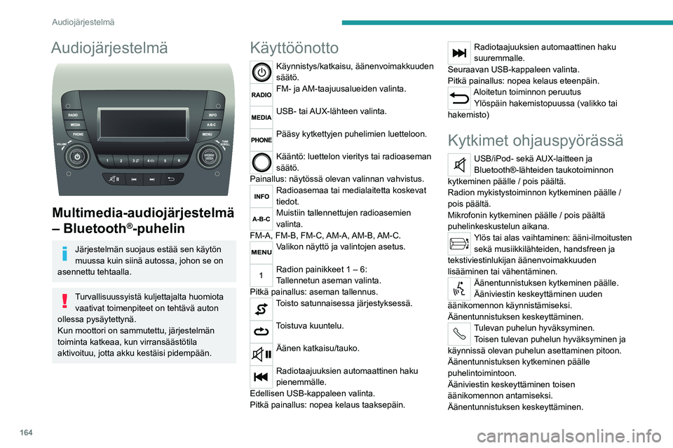 PEUGEOT BOXER 2021  Omistajan Käsikirja (in Finnish) 164
Audiojärjestelmä
Audiojärjestelmä 
 
Multimedia-audiojärjestelmä 
– Bluetooth
®-puhelin
Järjestelmän suojaus estää sen käytön 
muussa kuin siinä autossa, johon se on 
asennettu teh