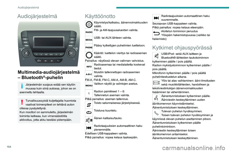 PEUGEOT BOXER 2021  Omistajan Käsikirja (in Finnish) 164
Audiojärjestelmä
Audiojärjestelmä 
 
Multimedia-audiojärjestelmä 
– Bluetooth
®-puhelin
Järjestelmän suojaus estää sen käytön 
muussa kuin siinä autossa, johon se on 
asennettu teh